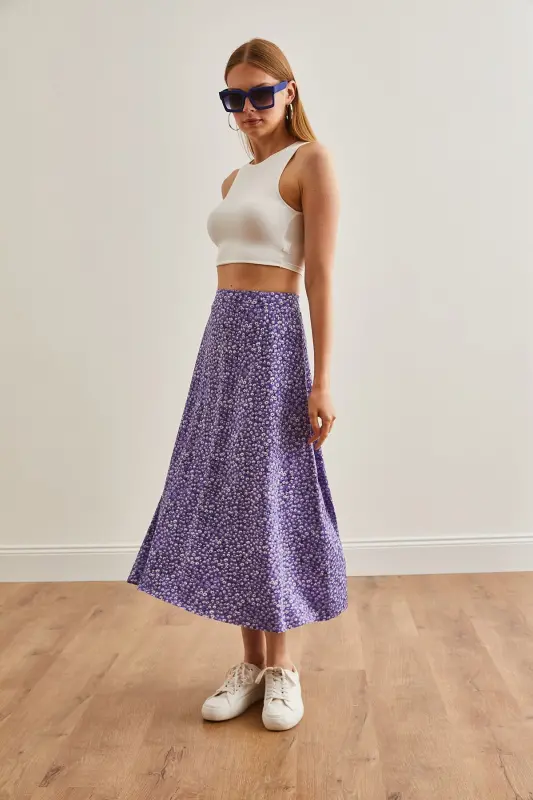 Woman Daisy Lilac Elastic Waist Patterned Long Skirt - 2