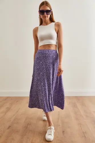 Woman Daisy Lilac Elastic Waist Patterned Long Skirt - 3