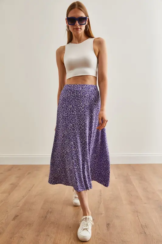 Woman Daisy Lilac Elastic Waist Patterned Long Skirt - 3