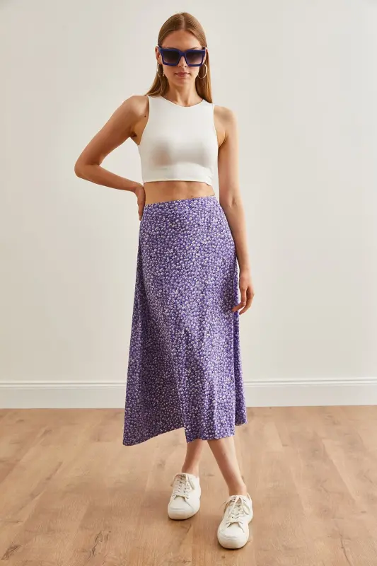 Woman Daisy Lilac Elastic Waist Patterned Long Skirt - 4