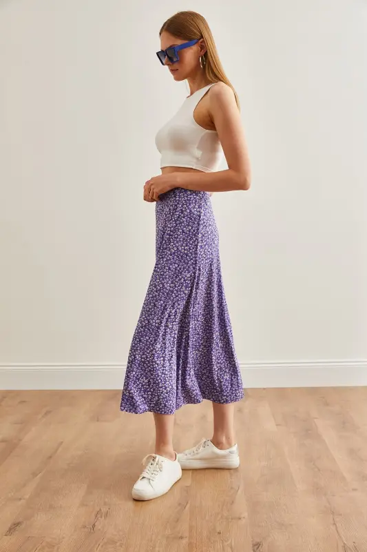 Woman Daisy Lilac Elastic Waist Patterned Long Skirt - 5