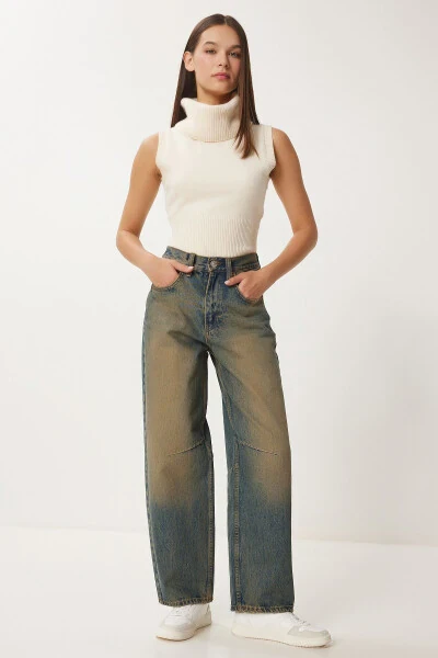 Woman Dark Blue High Waist Faded Effect Baggy Jean - 1