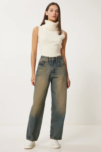 Woman Dark Blue High Waist Faded Effect Baggy Jean - 2