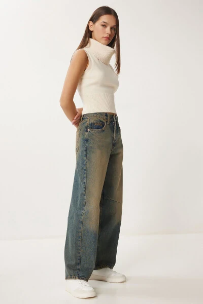 Woman Dark Blue High Waist Faded Effect Baggy Jean - 3