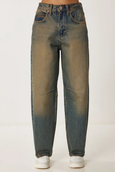 Woman Dark Blue High Waist Faded Effect Baggy Jean - 8