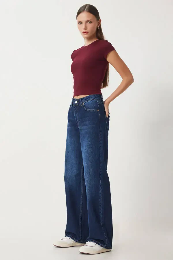 Woman Dark Blue Mid Waist Wide Leg Loose Jeans UT00 - 1