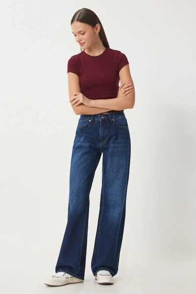 Woman Dark Blue Mid Waist Wide Leg Loose Jeans UT00 - HAPPINESS İSTANBUL (1)