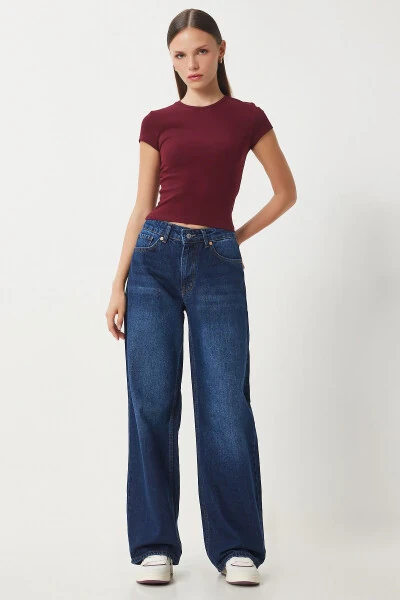 Woman Dark Blue Mid Waist Wide Leg Loose Jeans UT00 - 3
