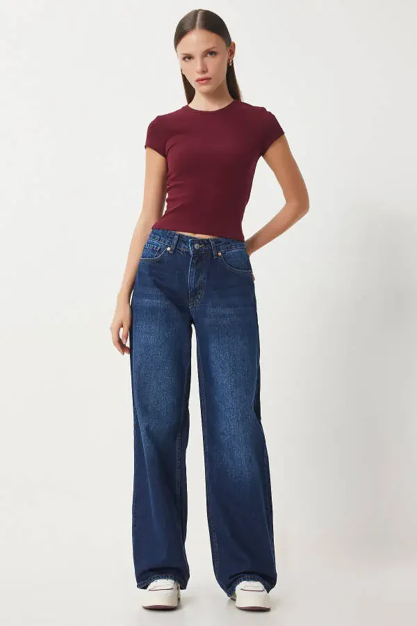 Woman Dark Blue Mid Waist Wide Leg Loose Jeans UT00 - 3