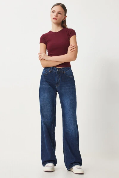 Woman Dark Blue Mid Waist Wide Leg Loose Jeans UT00 - 4