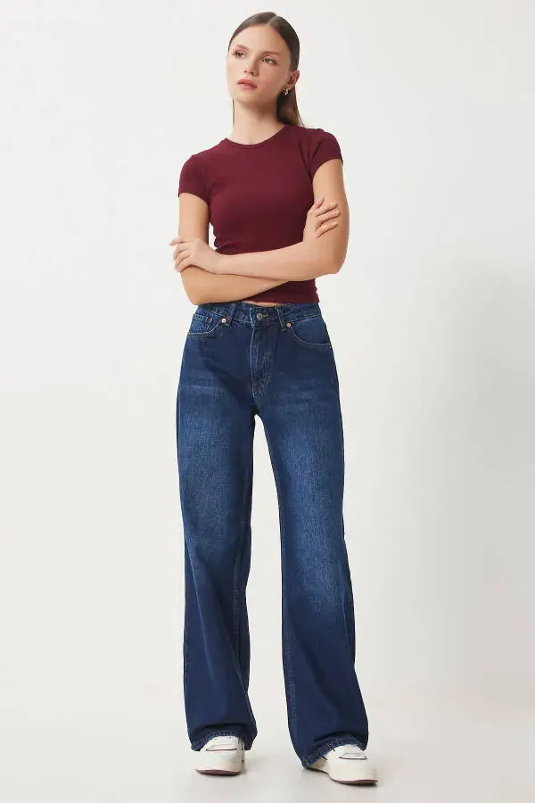Woman Dark Blue Mid Waist Wide Leg Loose Jeans UT00 - 4