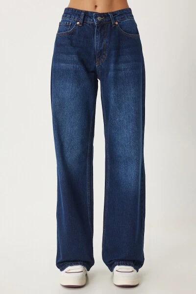 Woman Dark Blue Mid Waist Wide Leg Loose Jeans UT00 - 5