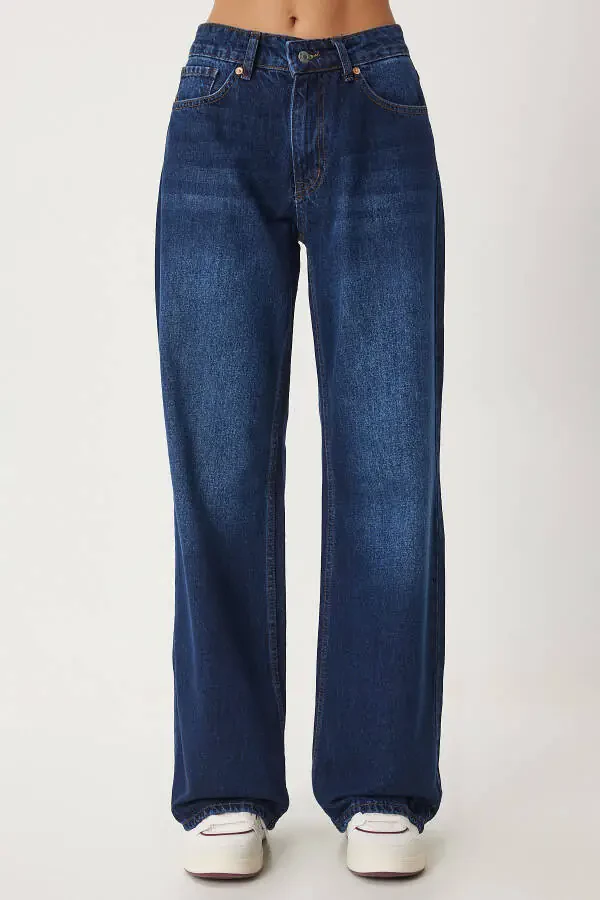 Woman Dark Blue Mid Waist Wide Leg Loose Jeans UT00 - 5