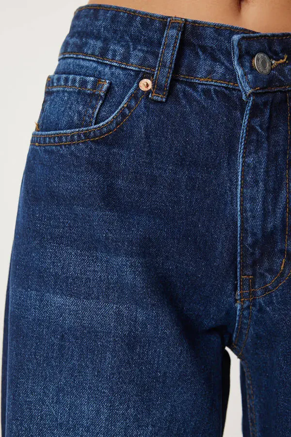 Woman Dark Blue Mid Waist Wide Leg Loose Jeans UT00 - 6