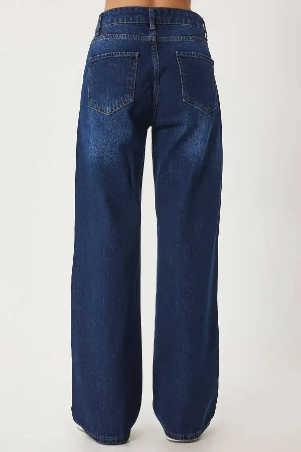 Woman Dark Blue Mid Waist Wide Leg Loose Jeans UT00 - 7