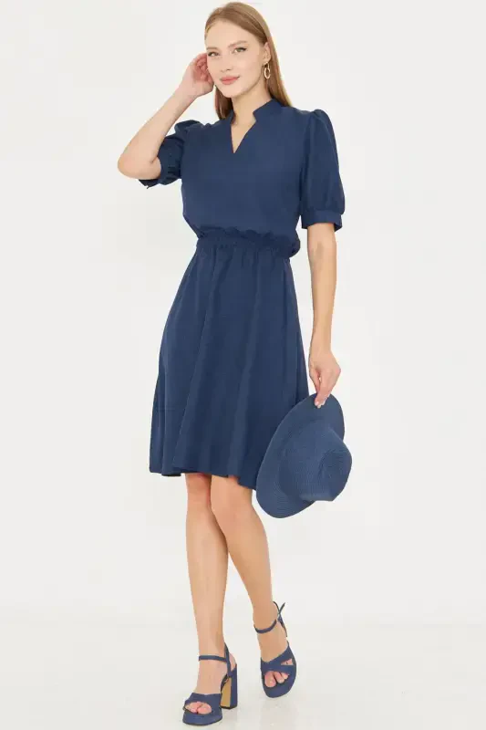 Woman Dark Blue V-Neck Elastic Waist Short Sleeve Flared Dress ARM-25Y001001-Dark Blue - ARMONIKA