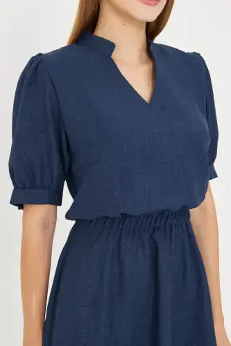 Woman Dark Blue V-Neck Elastic Waist Short Sleeve Flared Dress ARM-25Y001001-Dark Blue - ARMONIKA (1)