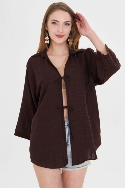 Woman Dark Brown Shirt Collared Front Tie-Up Kimono - ARMONIKA