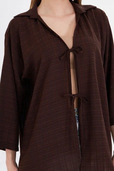 Woman Dark Brown Shirt Collared Front Tie-Up Kimono - ARMONIKA (1)