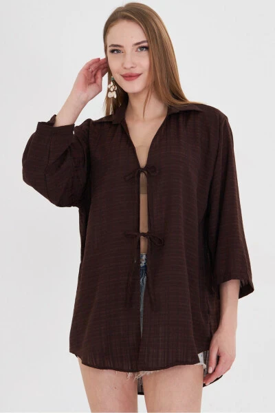 Woman Dark Brown Shirt Collared Front Tie-Up Kimono - 3