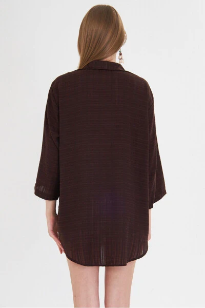 Woman Dark Brown Shirt Collared Front Tie-Up Kimono - 4
