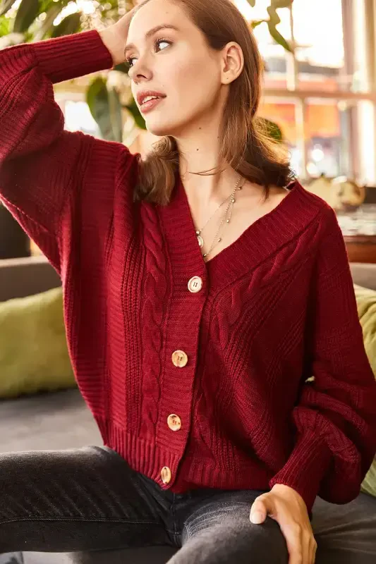 Woman Dark Claret Chunky Braided Knit Cardigan HRK-19000082-Dark Claret - 1