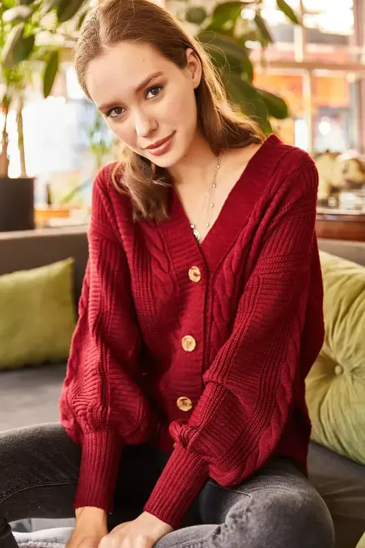 Woman Dark Claret Chunky Braided Knit Cardigan HRK-19000082-Dark Claret - 2