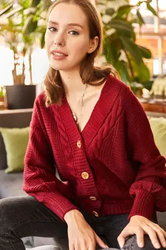 Woman Dark Claret Chunky Braided Knit Cardigan HRK-19000082-Dark Claret - 3