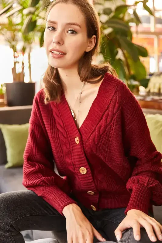 Woman Dark Claret Chunky Braided Knit Cardigan HRK-19000082-Dark Claret - 3