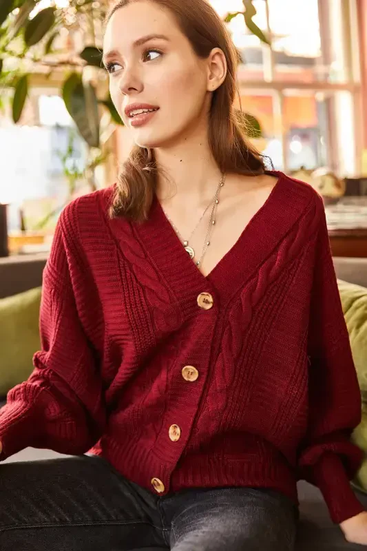 Woman Dark Claret Chunky Braided Knit Cardigan HRK-19000082-Dark Claret - 4