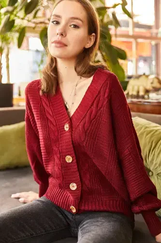 Woman Dark Claret Chunky Braided Knit Cardigan HRK-19000082-Dark Claret - 5