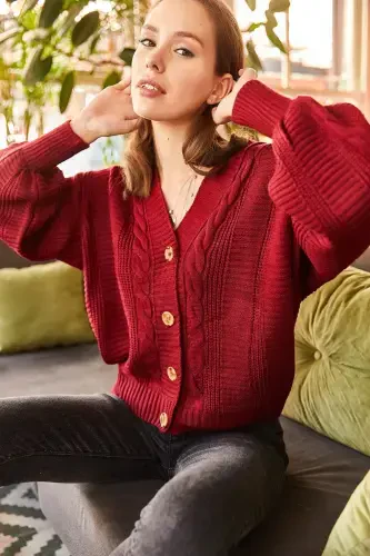 Woman Dark Claret Chunky Braided Knit Cardigan HRK-19000082-Dark Claret - 6