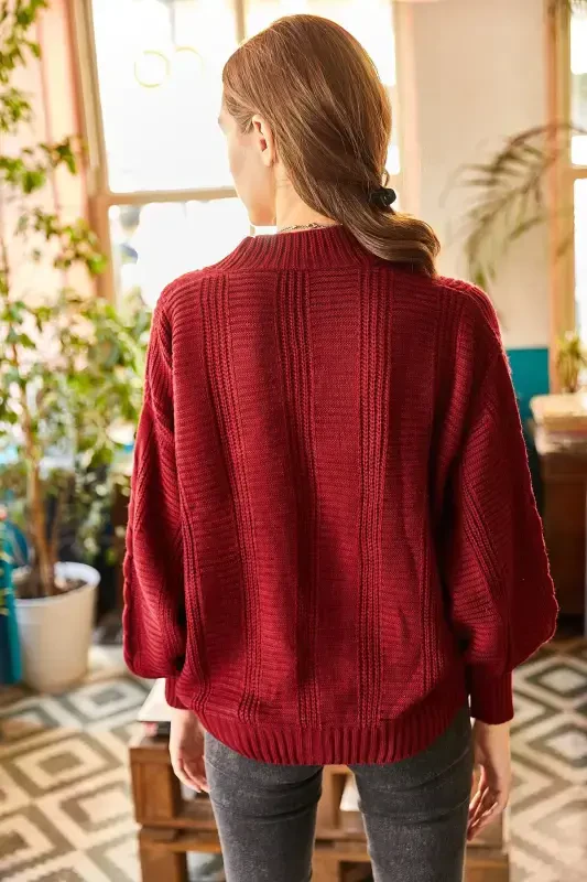 Woman Dark Claret Chunky Braided Knit Cardigan HRK-19000082-Dark Claret - 7