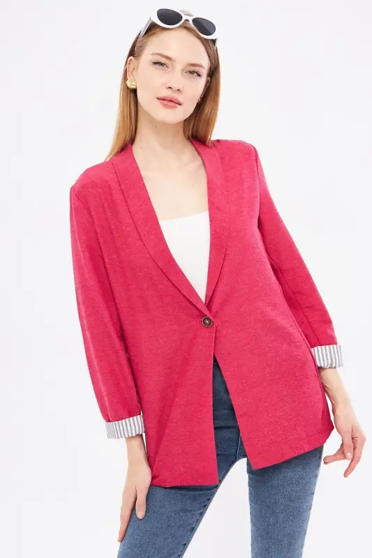 Woman Dark Fuchsia Inner Arm Striped Single Buttoned Jacket ARM-22K001122-Dark Fuchsia - 1