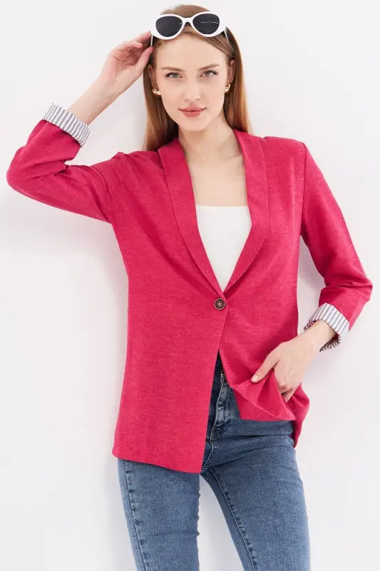 Woman Dark Fuchsia Inner Arm Striped Single Buttoned Jacket ARM-22K001122-Dark Fuchsia - 2