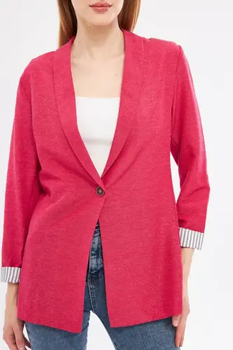 Woman Dark Fuchsia Inner Arm Striped Single Buttoned Jacket ARM-22K001122-Dark Fuchsia - 3