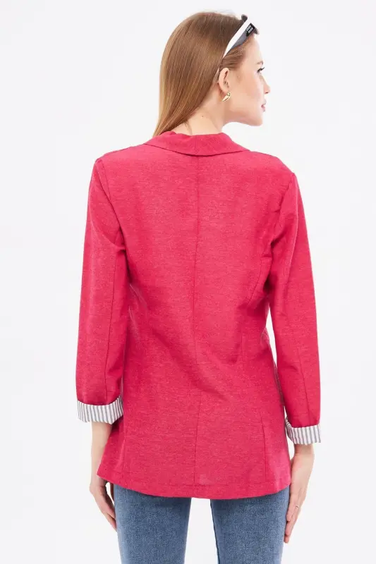 Woman Dark Fuchsia Inner Arm Striped Single Buttoned Jacket ARM-22K001122-Dark Fuchsia - 5