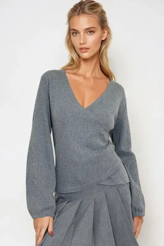 Woman Dark Gray Crossover Neck Elastic Sleeve Blouse ALC-X12929-Dark Gray - MODAZONE