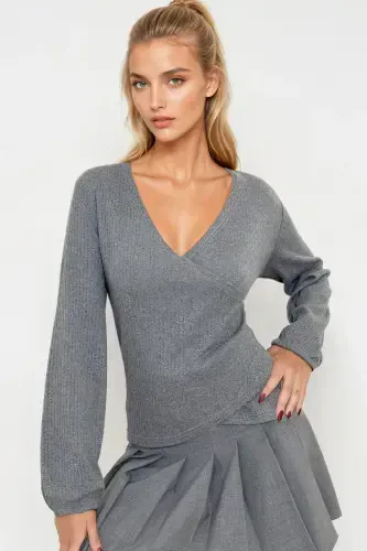 Woman Dark Gray Crossover Neck Elastic Sleeve Blouse ALC-X12929-Dark Gray - MODAZONE (1)