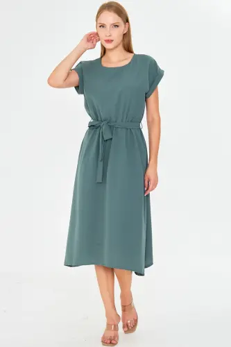 Woman Dark Green Elastic Waist Tie Dress ARM-18Y001120-Dark Green 