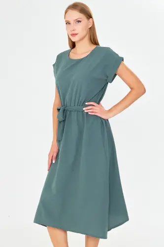 Woman Dark Green Elastic Waist Tie Dress ARM-18Y001120-Dark Green - ARMONIKA (1)
