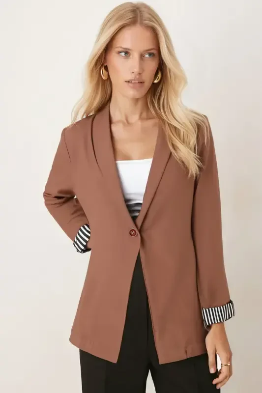 Woman Dark Mink Arm Lined Single Button Jacket ARM-22K001122-Dark Mink - armonika