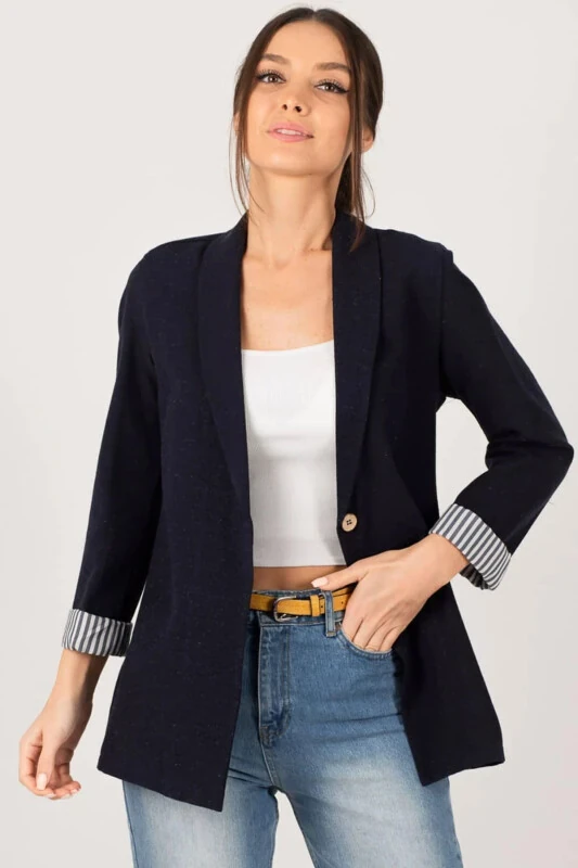 Woman Dark Navy Sleeve Lined Single Buttoned Jacket ARM-22K001122-Dark Navy - ARMONIKA