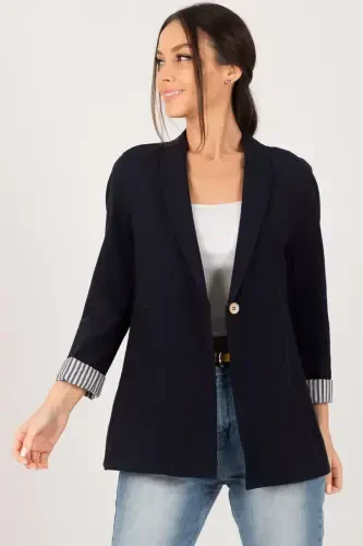 Woman Dark Navy Sleeve Lined Single Buttoned Jacket ARM-22K001122-Dark Navy - ARMONIKA (1)