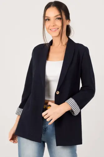 Woman Dark Navy Sleeve Lined Single Buttoned Jacket ARM-22K001122-Dark Navy - 11