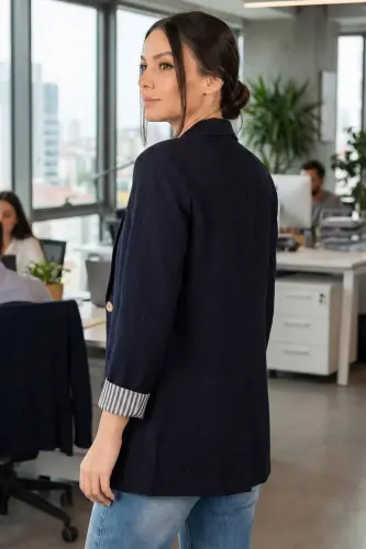 Woman Dark Navy Sleeve Lined Single Buttoned Jacket ARM-22K001122-Dark Navy - 8