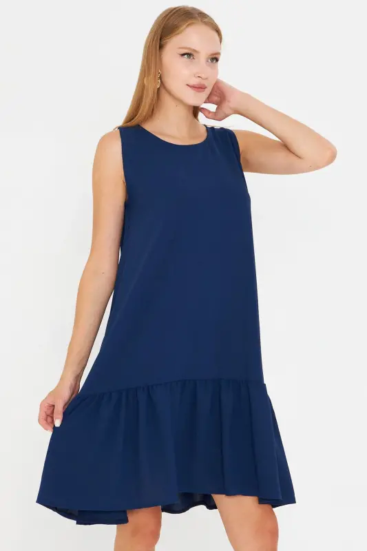 Woman Dark Navy Sleeveless Ruffled Dress ARM-18Y001156-Dark Navy - 6
