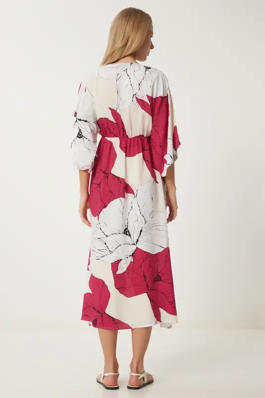 Woman Dark Pink White Wrap Neck Patterned Summer Viscose Dress DK00166-Dark Pink White - 3