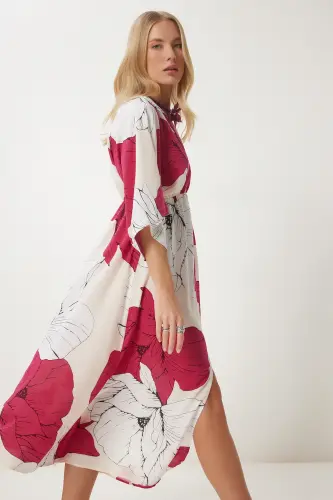 Woman Dark Pink White Wrap Neck Patterned Summer Viscose Dress DK00166-Dark Pink White - 6