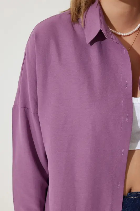 Woman Dark Purple Oversize Long Basic Shirt DD00842-Dark Purple - HAPPINESS İSTANBUL